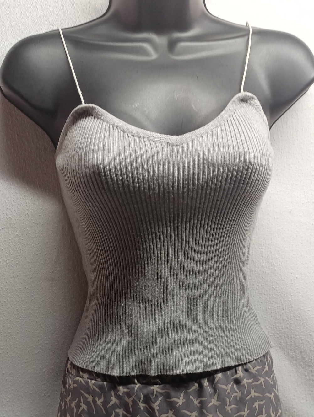 Ribbed Spaghetti Strap Knit Tank Top - Gray